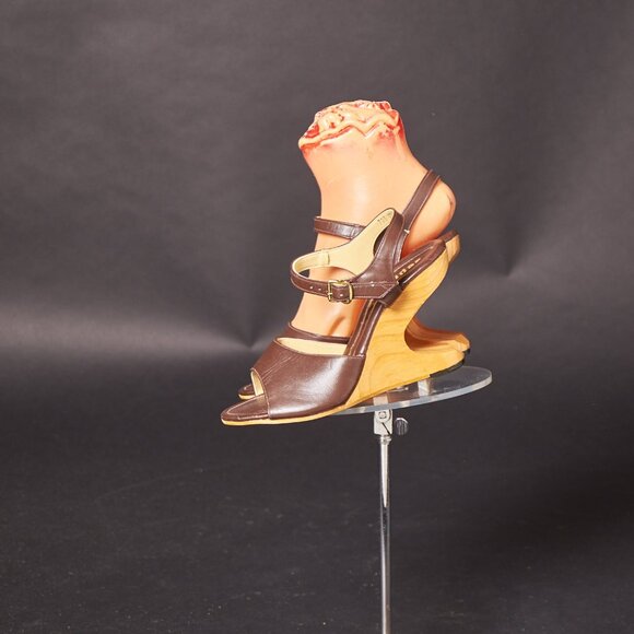 1950s Brown Wood Boomerang Wedge Heels Retro Pin Up - Picture 4 of 6